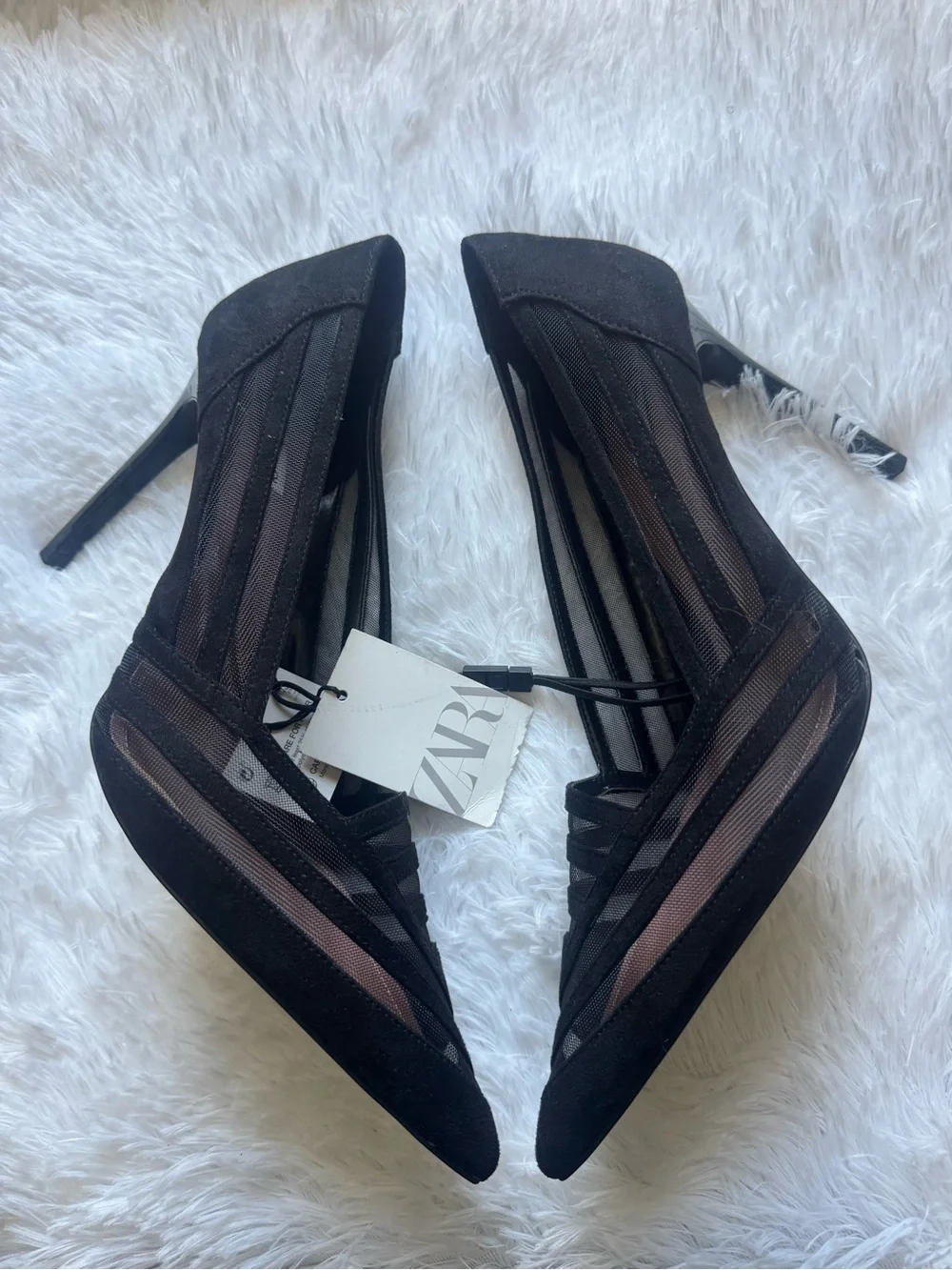 Zara Black Mesh Pointed-Toe Pumps